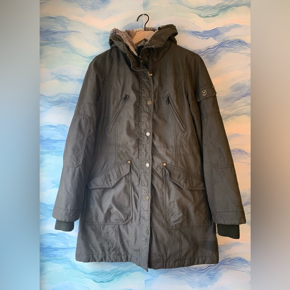 Women's 1 Madison Expedition Army Dark Green Long Parka Coat with Faux Fur M
